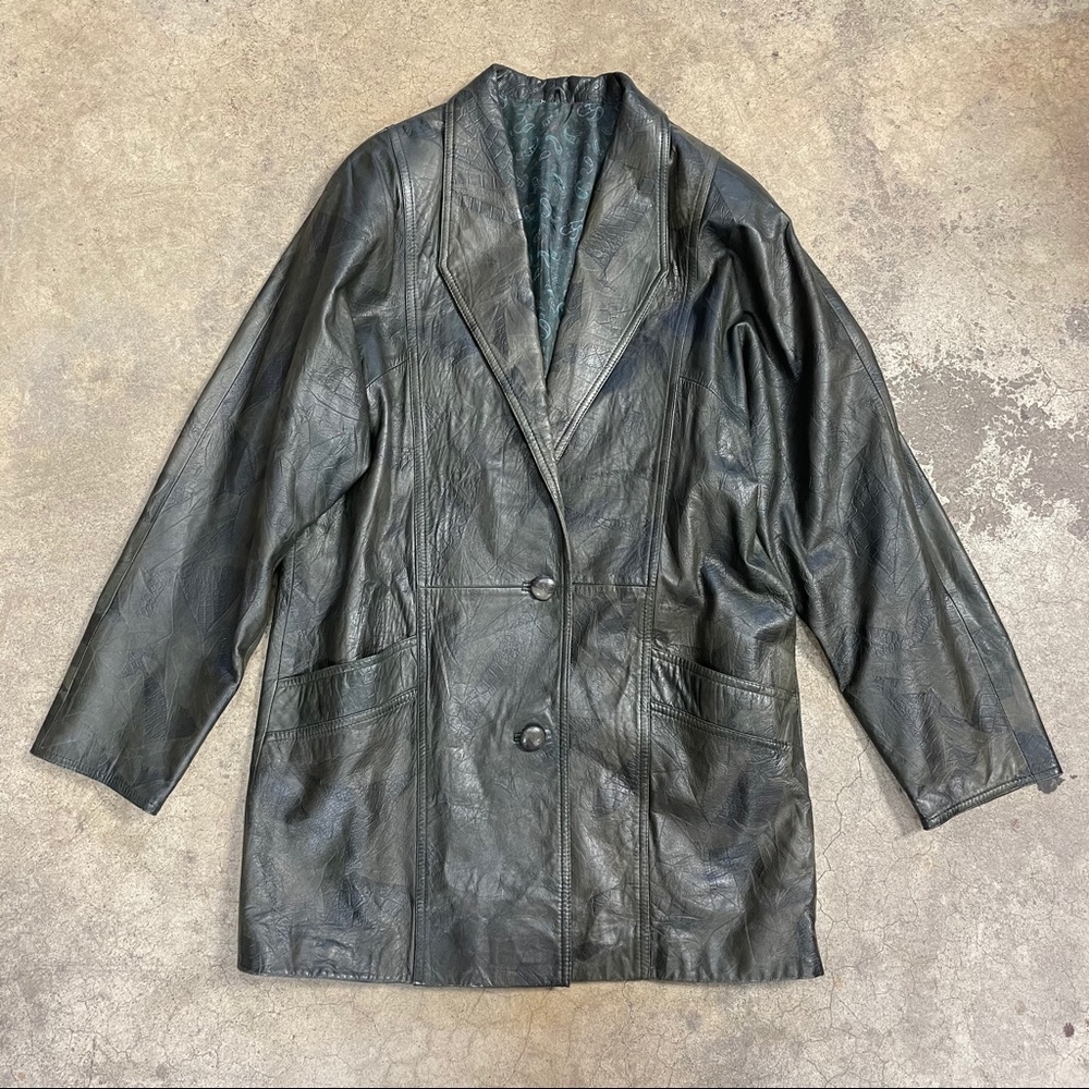 Vintage 1980’s Green Lead Botanical Leather Slouchy Boyfriend Blazer Jacket